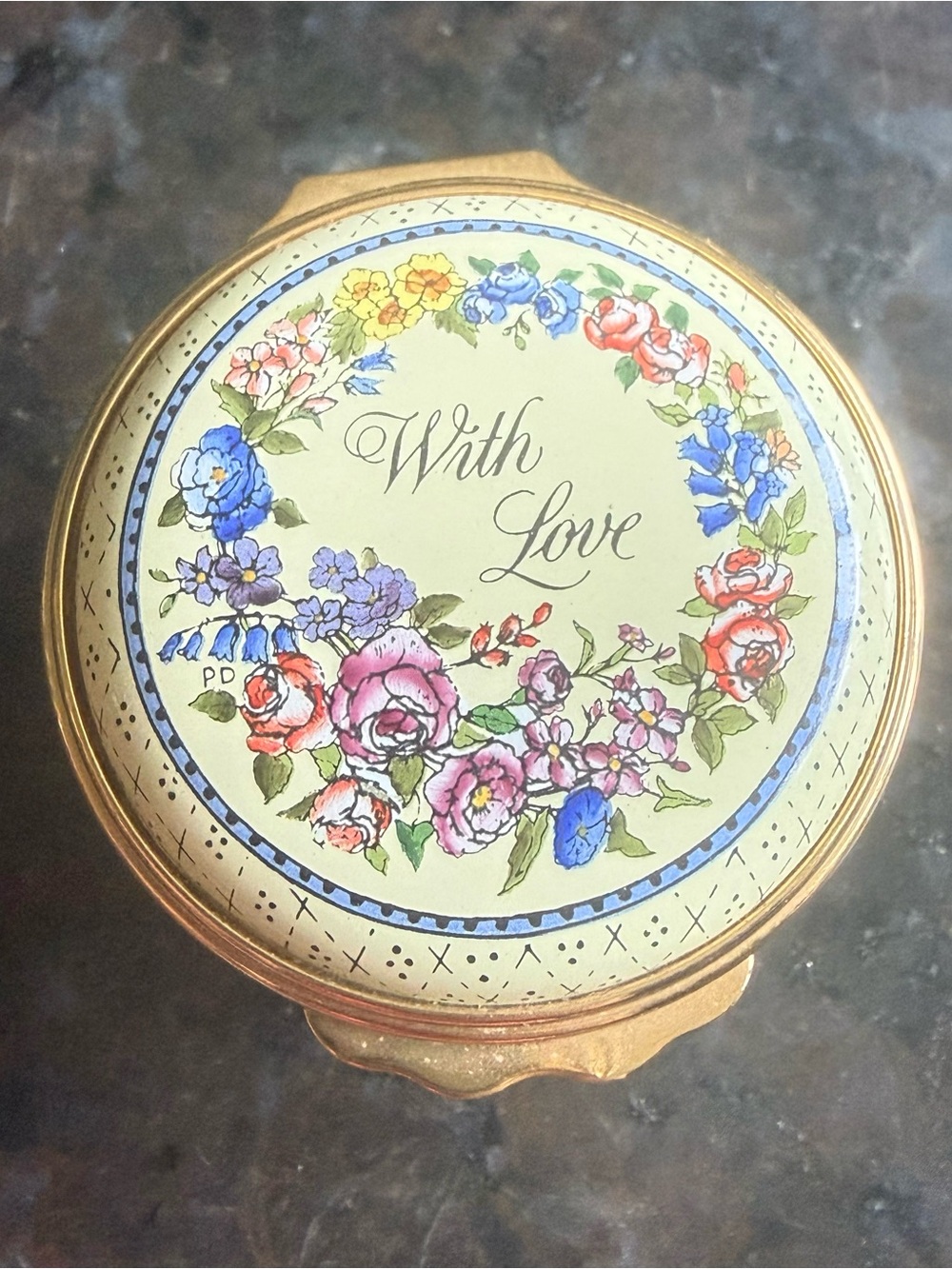 Vintage Halcyon Days Enamels Bilston & Battersea "With Love" Floral Trinket Box